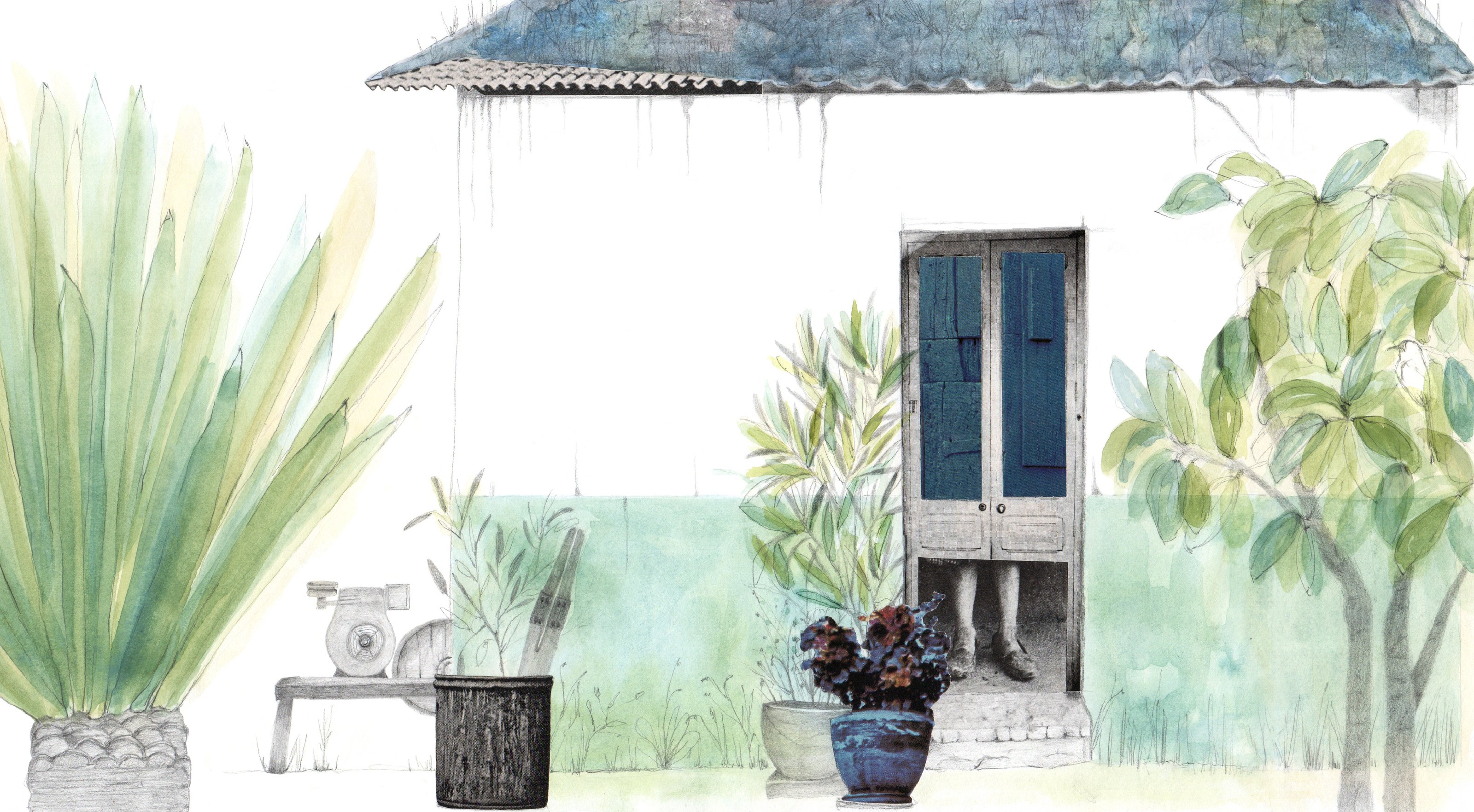 Ilustración de la portada: casa de tapia con puerta azul verdosa, agave y plantas de la montaña, con una persona de pie tras la puerta entreabierta